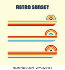 Horizontal vintage sunsets. Various colorful striped sunrise badges in 80s and 90s style. Sun and ocean view, summer vibes, surfing. Design element, print, logo or t-shirt. Vector illustration