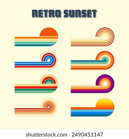 Horizontal vintage sunsets. Various colorful striped sunrise badges in 80s and 90s style. Sun and ocean view, summer vibes, surfing. Design element, print, logo or t-shirt. Vector illustration