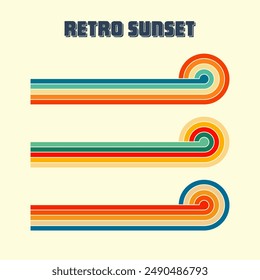 Horizontal vintage sunsets. Various colorful striped sunrise badges in 80s and 90s style. Sun and ocean view, summer vibes, surfing. Design element, print, logo or t-shirt. Vector illustration