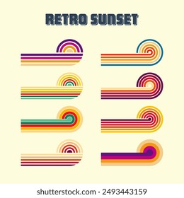 Horizontal vintage sunsets. Various colorful striped sunrise badges in 80s and 90s style. Sun and ocean view, summer vibes, surfing. Design element, print, logo or t-shirt. Vector illustration