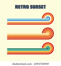 Horizontal vintage sunsets. Various colorful striped sunrise badges in 80s and 90s style. Sun and ocean view, summer vibes, surfing. Design element, print, logo or t-shirt. Vector illustration