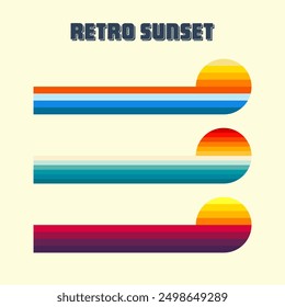 Horizontal vintage sunsets. Various colorful striped sunrise badges in 80s and 90s style. Sun and ocean view, summer vibes, surfing. Design element, print, logo or t-shirt. Vector illustration