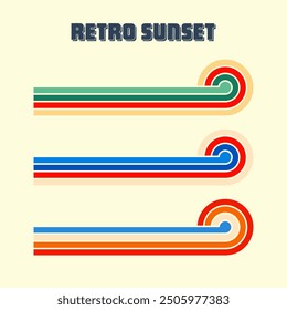 Horizontal vintage sunsets. Various colorful striped sunrise badges in 80s and 90s style. Sun and ocean view, summer vibes, surfing. Design element, print, logo or t-shirt. Vector illustration