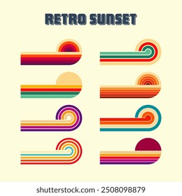 Horizontal vintage sunsets. Various colorful striped sunrise badges in 80s and 90s style. Sun and ocean view, summer vibes, surfing. Design element, print, logo or t-shirt. Vector illustration