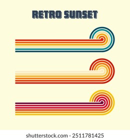 Horizontal vintage sunsets. Various colorful striped sunrise badges in 80s and 90s style. Sun and ocean view, summer vibes, surfing. Design element, print, logo or t-shirt. Vector illustration