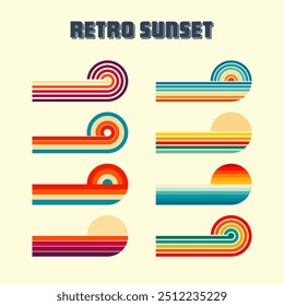 Horizontal vintage sunsets. Various colorful striped sunrise badges in 80s and 90s style. Sun and ocean view, summer vibes, surfing. Design element, print, logo or t-shirt. Vector illustration
