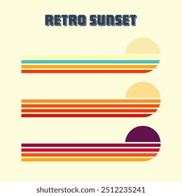 Horizontal vintage sunsets. Various colorful striped sunrise badges in 80s and 90s style. Sun and ocean view, summer vibes, surfing. Design element, print, logo or t-shirt. Vector illustration