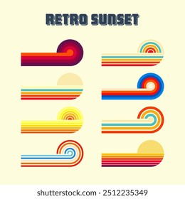Horizontal vintage sunsets. Various colorful striped sunrise badges in 80s and 90s style. Sun and ocean view, summer vibes, surfing. Design element, print, logo or t-shirt. Vector illustration