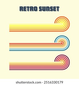 Horizontal vintage sunsets. Various colorful striped sunrise badges in 80s and 90s style. Sun and ocean view, summer vibes, surfing. Design element, print, logo or t-shirt. Vector illustration