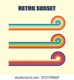 Horizontal vintage sunsets. Various colorful striped sunrise badges in 80s and 90s style. Sun and ocean view, summer vibes, surfing. Design element, print, logo or t-shirt. Vector illustration