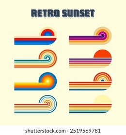 Horizontal vintage sunsets. Various colorful striped sunrise badges in 80s and 90s style. Sun and ocean view, summer vibes, surfing. Design element, print, logo or t-shirt. Vector illustration