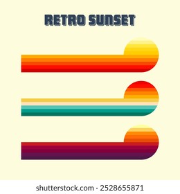 Horizontal vintage sunsets. Various colorful striped sunrise badges in 80s and 90s style. Sun and ocean view, summer vibes, surfing. Design element, print, logo or t-shirt. Vector illustration
