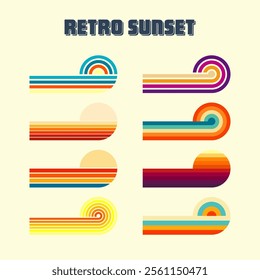 Horizontal vintage sunsets. Various colorful striped sunrise badges in 80s and 90s style. Sun and ocean view, summer vibes, surfing. Design element, print, logo or t-shirt. Vector illustration