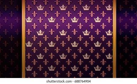 Horizontal violet background with royal lilies and crowns. Vector illustration.
