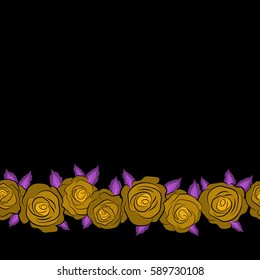 Horizontal violet and yellow flower petals, close up roses, beautiful abstract seamless pattern with copy space (place for your text).