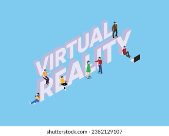 Horizontal VIRTUAL REALITY text banner with men and woman using virtual reality headsets isometric 3d vector illustration concept