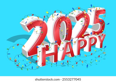 Horizontal volumetric happy 2025 inscription on cold blue background decorated with colorful sparkling garlands, screensaver in HD format. Vector symbol of 2025 new year banner