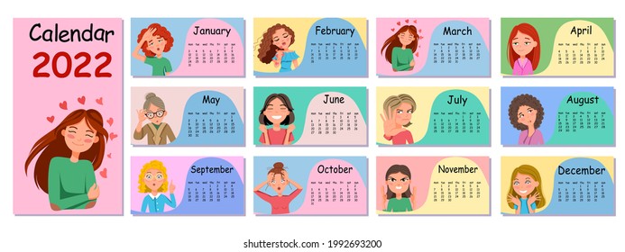Horizontal wall calendar design template for 2022. A set of emoticon stickers in a cartoon style.