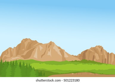 Horizontal wallpaper with realistic summer mountains and florest. Vector illustration