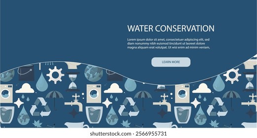 Horizontal water conservation banner. Seamless horizontal border with water icons in abstract modern flat style. Template for card, invitation or advertising. World water day. Vector illustration