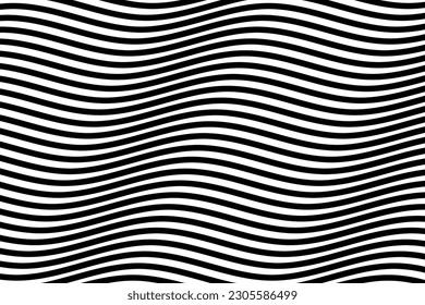 Horizontal water wave stripes fabric pattern. Black geometric motion wavy lines art on white background vector. Abstract optical illusion curve strips. Wall and floor ceramic tiles pattern.