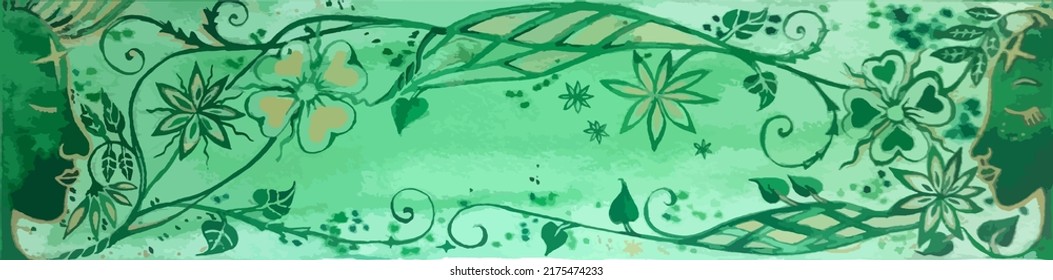 Horizontal watercolor background. Hand painted people and flowers with leaves. Vector illustration