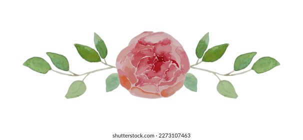 Horizontal watercolor branch with pink flower and leaves. Vector EPS10