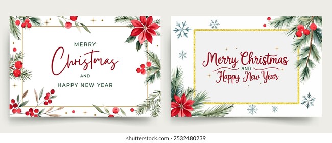 Horizontal watercolor cards with branches of christmas tree and lettering. Merry Christmas and New year frames 