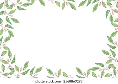 Horizontal watercolor floral frame, green leaves border frame.