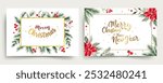 Horizontal watercolor frames with branches of christmas tree and golden lettering. Merry Christmas cards 