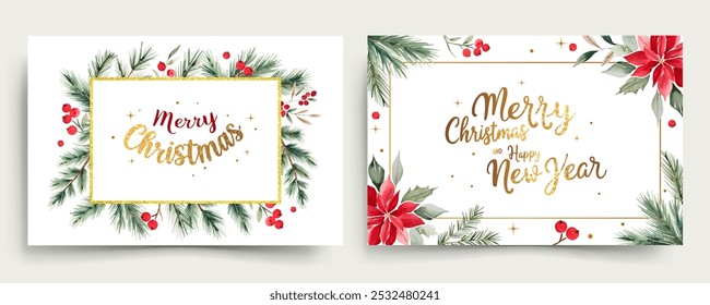 Horizontal watercolor frames with branches of christmas tree and golden lettering. Merry Christmas cards 