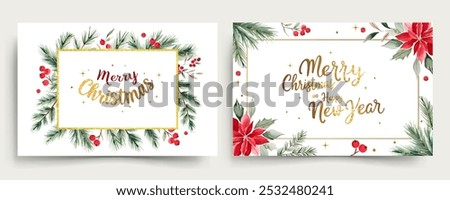 Horizontal watercolor frames with branches of christmas tree and golden lettering. Merry Christmas cards 