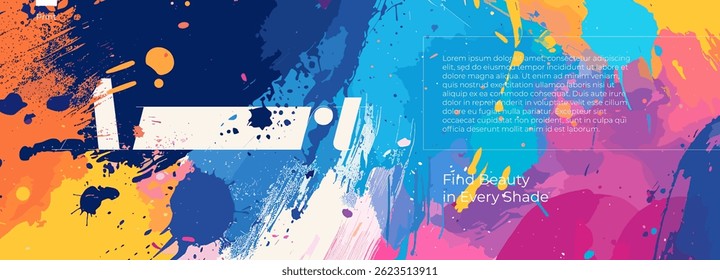 Horizontal watercolor splash banner with vibrant paint strokes, fluid ink drops and multicolor texture. Artistic abstract background for modern poster, flyer or creative design template.