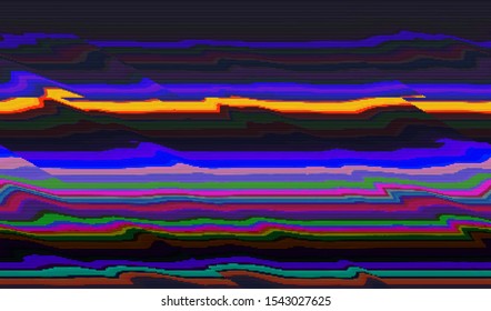 Horizontal wave distortion of a broken television broadcast bug. Digital pixel noise. Glitch texture internet virus attack. Vector illustration.