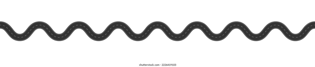 Horizontal waving asphalt road with marking. Top aerial view. Seamless highway template. Element of roadway isolated on white background. Part of city map. Vector graphic illustration