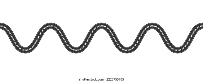Horizontal waving asphalt road with marking. Top aerial view. Seamless highway template. Element of city street or coutryside roadway isolated on white background. Vector flat illustration