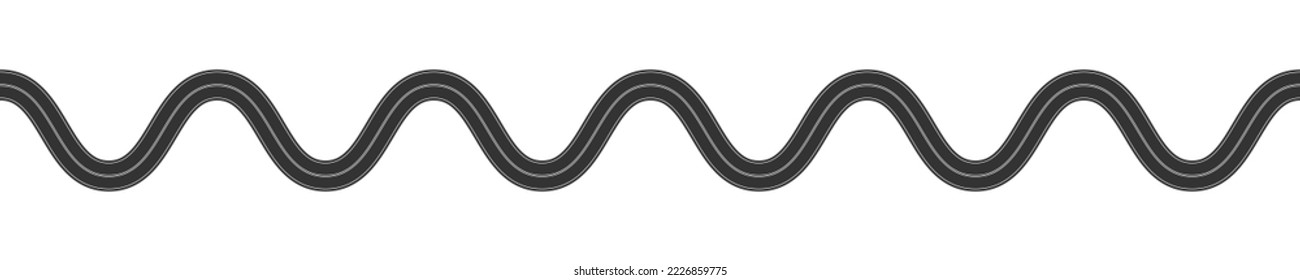 Horizontal waving road with marking. Top view. Seamless template of highway part. Element of city, suburban or countryside map isolated on white background. Vector flat illustration