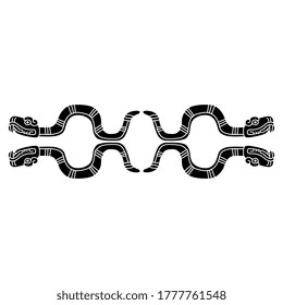 Horizontal wavy decor with four snakes. Native american Mexican art of Aztec Indians. Black and white silhouette.