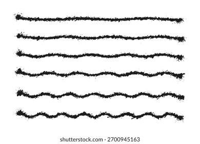 Horizontale, wellenförmige Liniensymbole für Tintenspritzer. Ein Satz flüssiger Farbspritzer. Einzeln auf weißem Hintergrund.