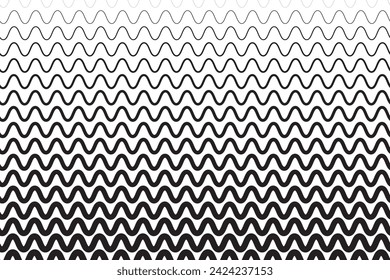 Horizontal wavy lines of different thicknesses. Background with black and white undulate pattern. Parallel curved stripes texture. Sea, ocean, river minimalistic graphic print. Vector illustration