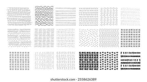 Horizontal wavy lines of varying width. Lines may intersect.
Chaotic combination includes vertical and horizontal lines that form an irregular grid.
Diamonds, staggered. Diamond lines are thick