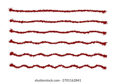 Horizontales líneas onduladas de salpicaduras de sangre roja. Un conjunto de salpicaduras de líquido. Aislado en un fondo blanco.