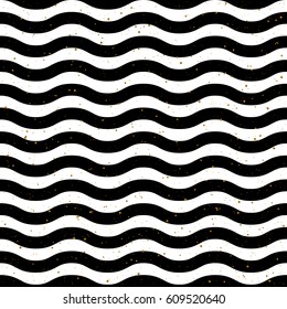 Horizontal wavy smooth striped seamless pattern. Optical illusion effect. Abstract black and white background, golden dots. For design of fabric, textile, wallpaper, web, wrap. Vector illustration.