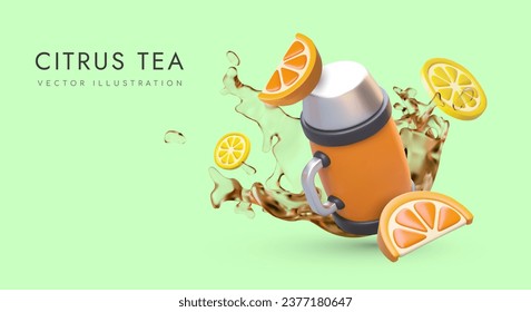Horizontal web advertisement of citrus tea. Orange thermos with cup lid, lemon and orange slices, splashes. Aromatic hot drink. Advertising on green background, ecological product