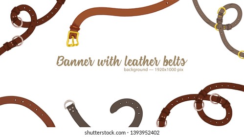 Horizontal web banner with abstract pattern of hand-drawn sketch leather belt isolated on white background. Great design for fashion, textile, jewelry label, decorative frame, business advertising