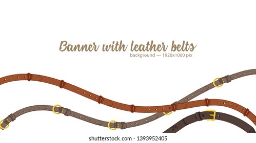 Horizontal web banner with abstract pattern of hand-drawn sketch leather belt isolated on white background. Great design for fashion, textile, jewelry label, decorative frame, business advertising