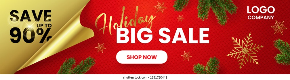 Un banner web horizontal. Gran venta de vacaciones. Fondo rojo brillante y rincón dorado curvo. Año nuevo y concepto de Navidad. Publicidad en línea para marketing en línea.