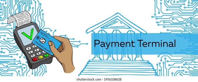 Horizontal web banner for business. POS terminal with inserted credit card and printed reciept.