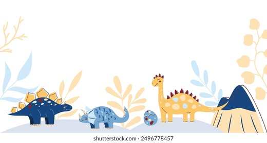 Horizontal web banner with cute dinosaurs. Dinosaur Kids Style. Cute character. Flat vector illustration.