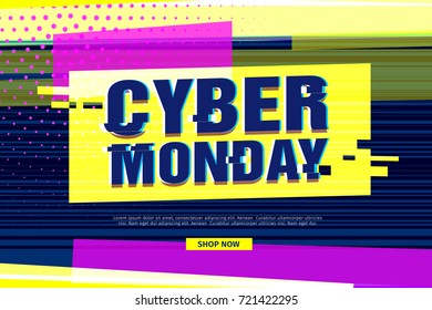 Horizontal web banner for cyber monday offer.  Backdrop in  glitch style for big sale. Vector.